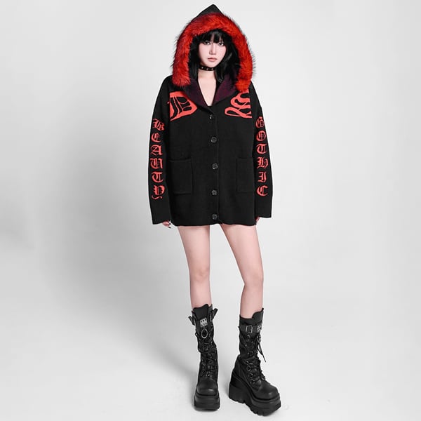 フェイクファーエッジフーディロゴボタンニットカーディガン(ruf_02563)