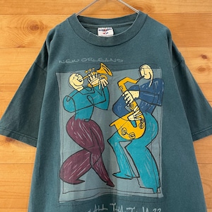 【JERZEES】USA製 ニューオリンズ ジャズ JAZZ イラスト 半袖 Tシャツ アースカラー Mサイズ US古着 アメリカ古着