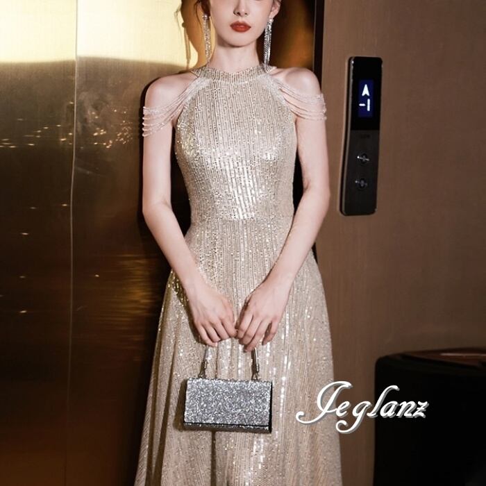 華やか パーティ イブニングドレス Aライン スパンコール 光沢感(M8865)ζ