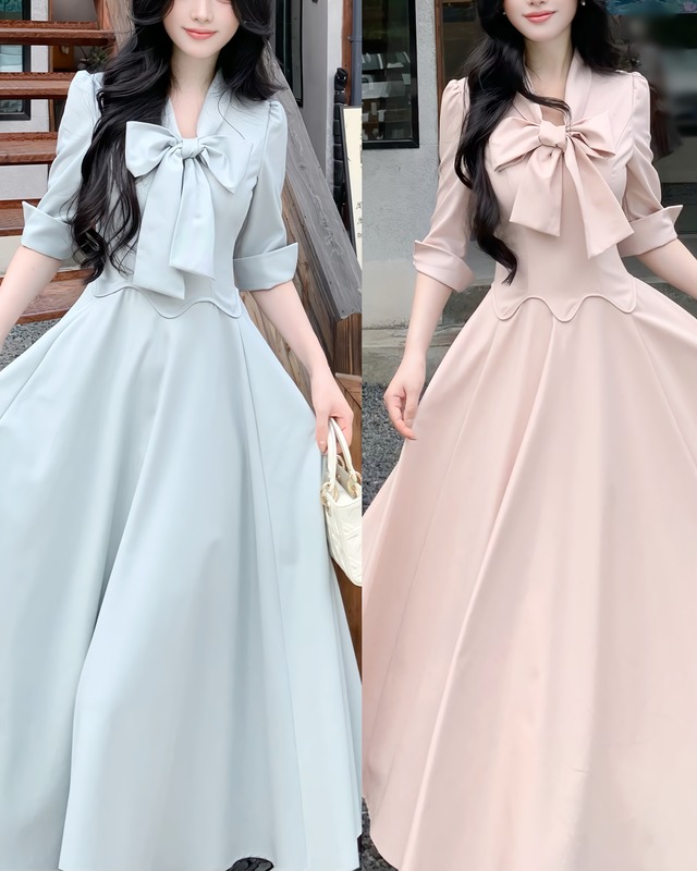 ボウタイリボンロングフレアワンピース（2 colors）　2507028