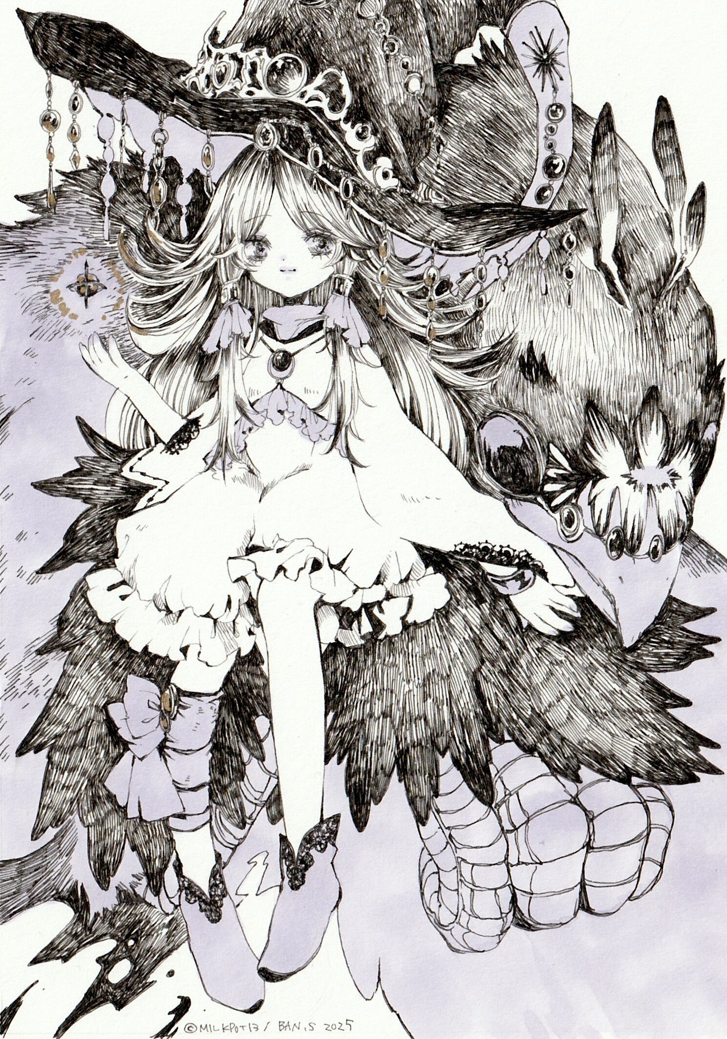 手描きイラスト オリジナル ペン画 ◇烏族のメリア◇ 女の子 A5 | ART