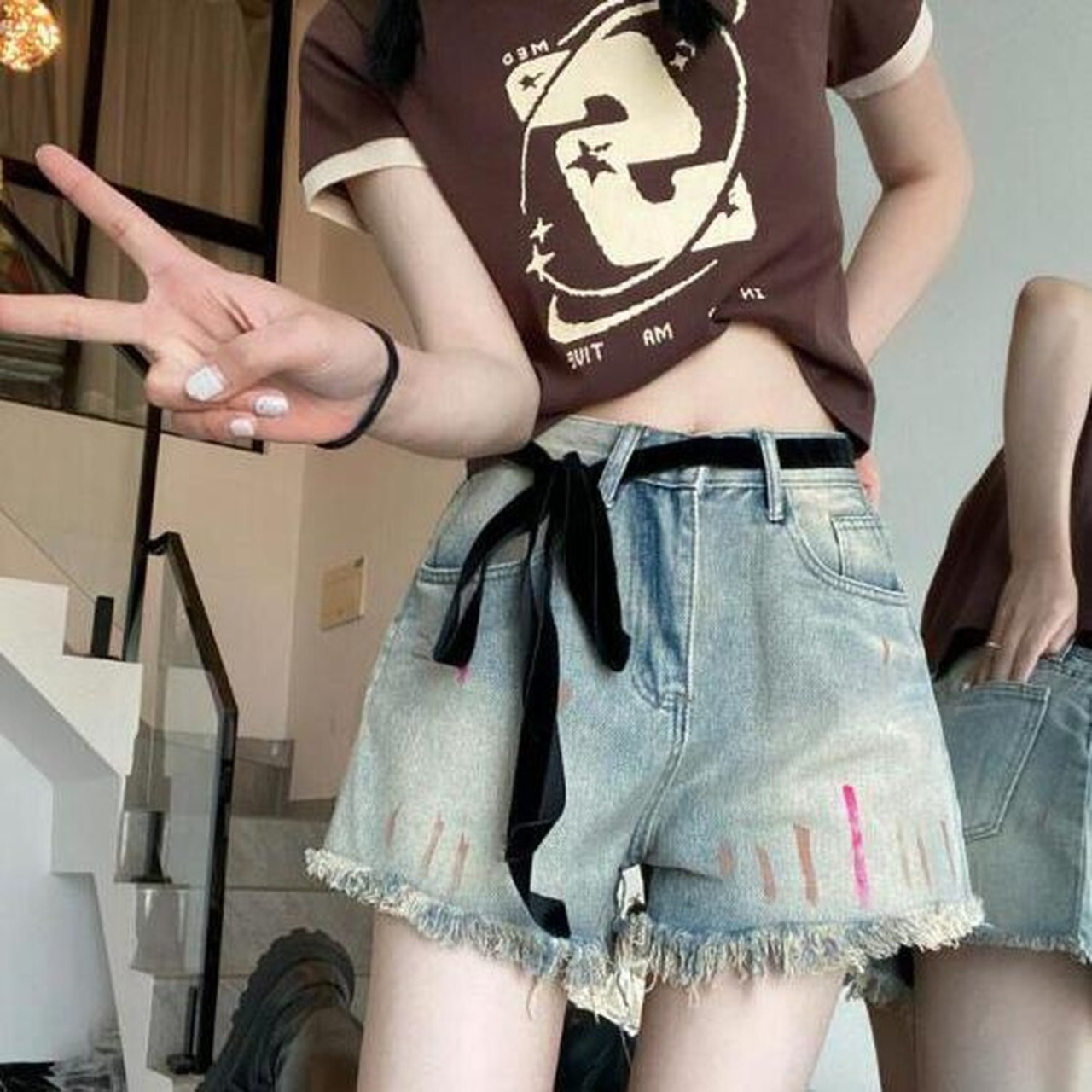 天使と悪魔 サブカル服 春夏 パンツ ハーフパンツ デニム クラッシュ 