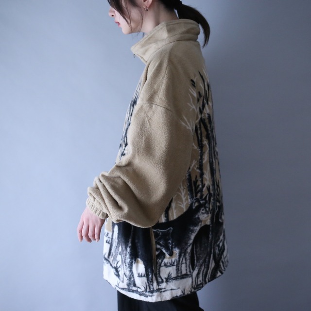 "狼" good animal and tree pattern over silhouette fleece jacket