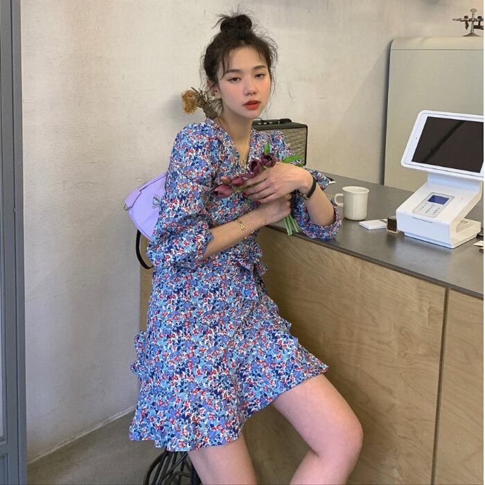 スタンダードフローラルドレス スプリングウェスト薄手スカート Aラインショート レトロ 春物 花柄 モンロー38578843101