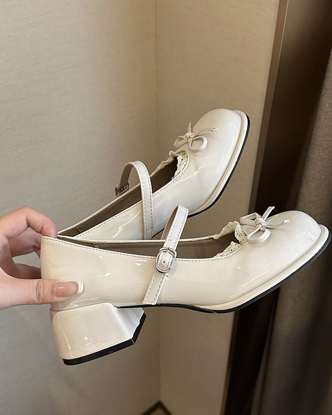 リボン付き ストラップ メリージェーン チャンキーヒールパンプス(3 colors)