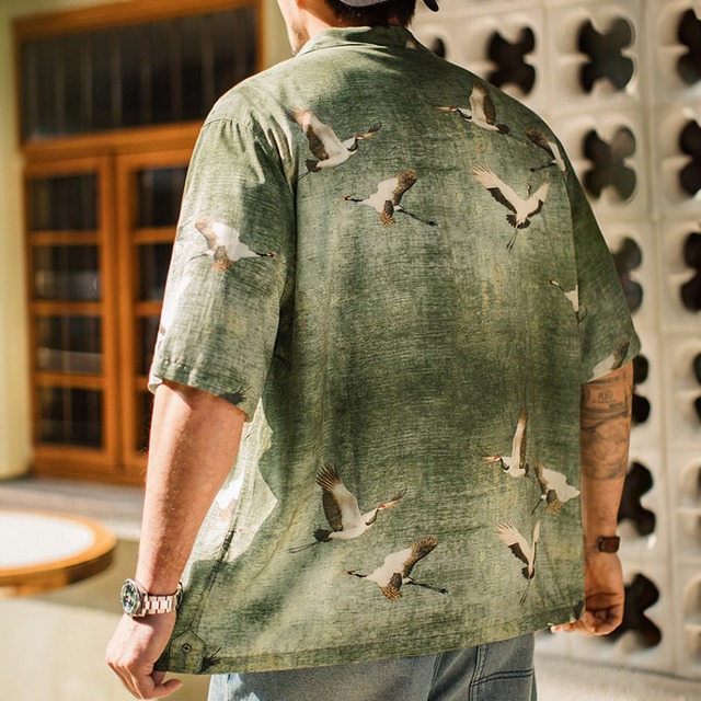 Retro Crane Graphic Dry Short-Sleeve Shirt 00566
