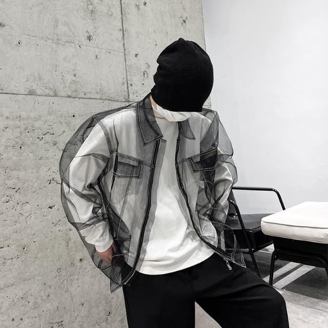 予約販売】ブルゾン ジャケット 長袖 透け感 肌見せ メッシュ シアー