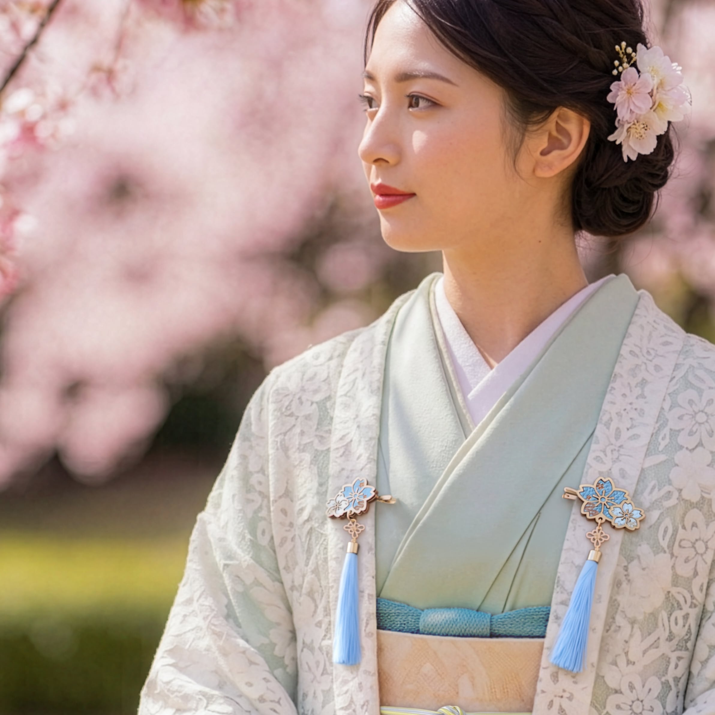 月影桜の羽織紐（ブルー）【受注生産】