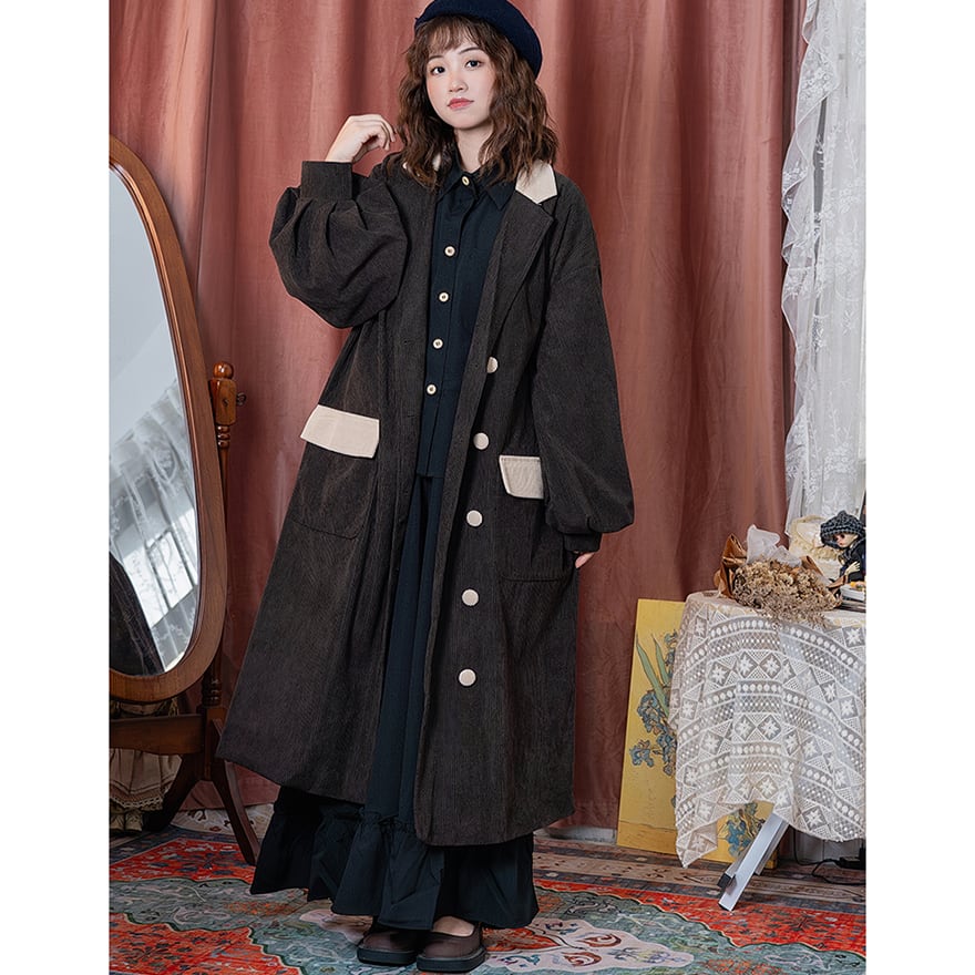 セミロリ コーデュロイ ロングコート 普段着使い 大人増し