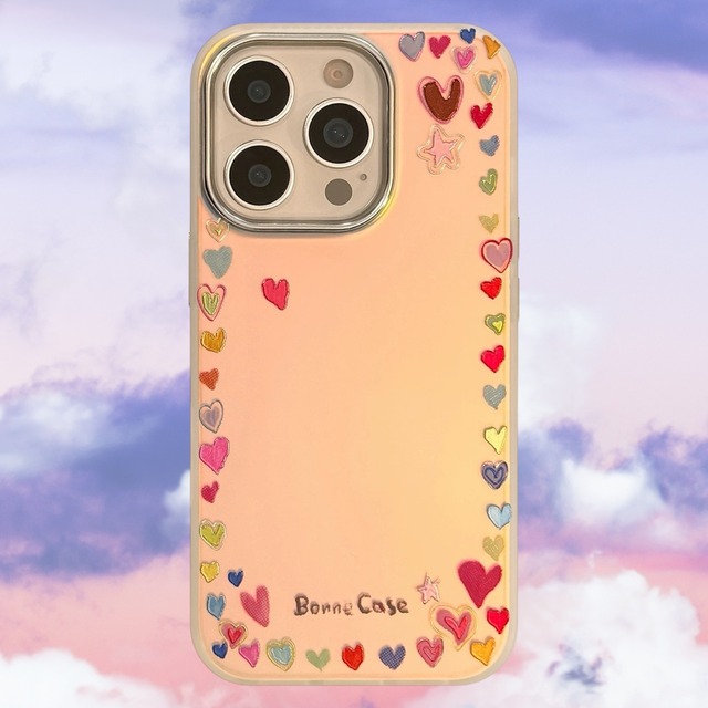 オーロラ カラフル ハート iPhoneケース | スマホケース iPhone ケース アイフォンケース | 機種 iPhone 14 15 16 17 Pro Max シリーズ