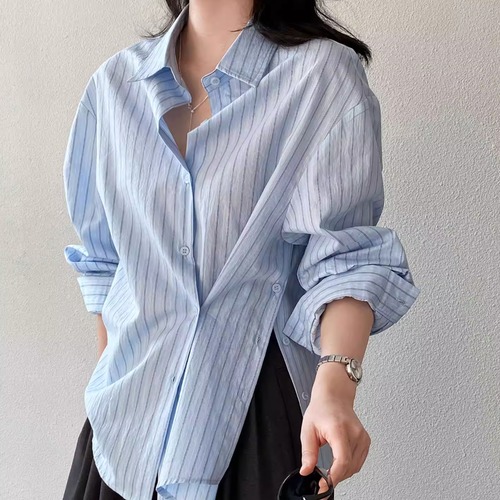 2色／サイドスリットストライプシャツ ・21316