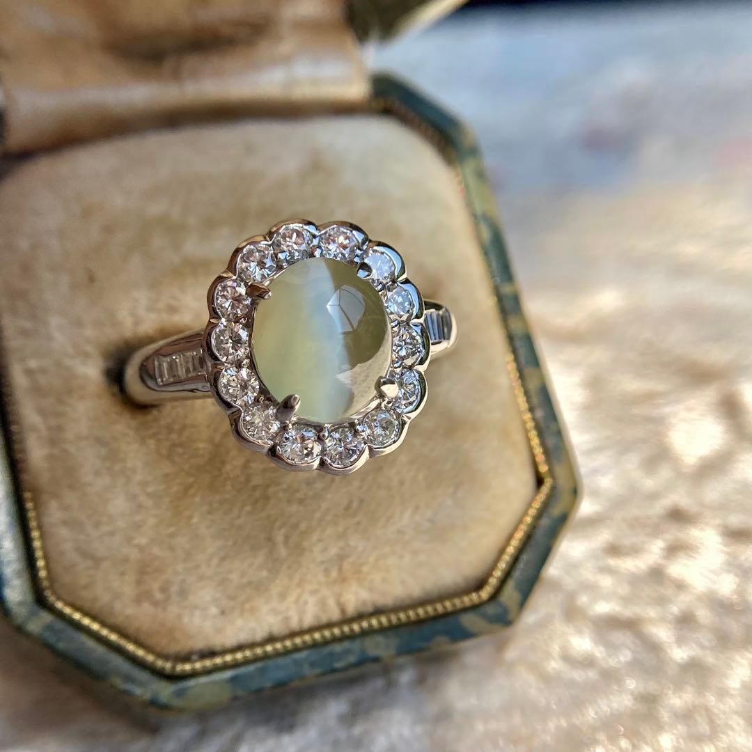 pt900 ミルク＆ハニー クリソベリルキャッツアイ3.27ct ダイヤ指輪