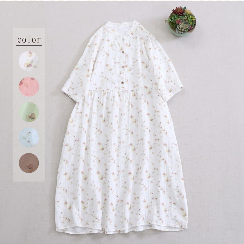 小花柄Vネックロングワンピース W1754