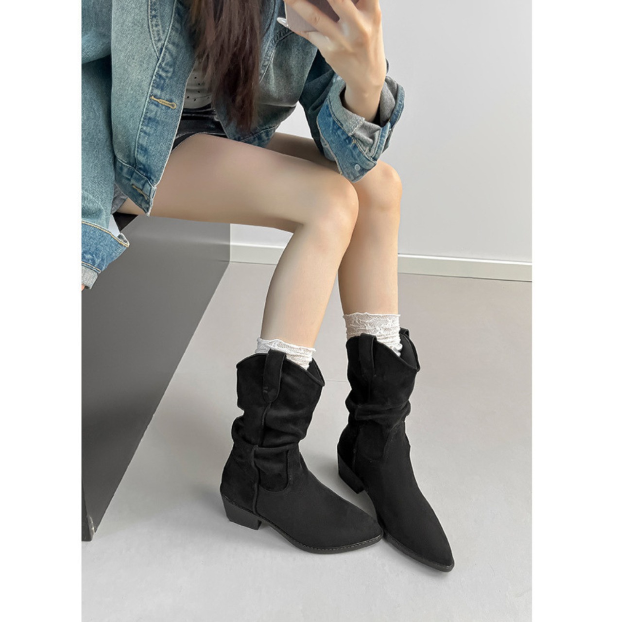 チャンキーヒール スラウチブーツ 2color W10412