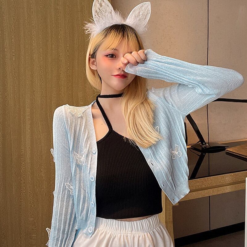 Butterflyデザイン ショートセーター レディースVネックカーディガン薄手 ロング ハンチェンe25734797371