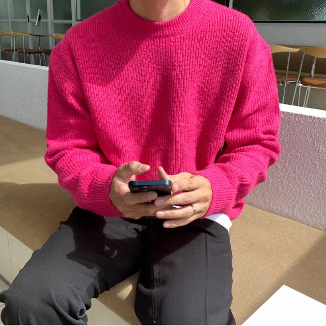 【予約販売】ニット セーター 無地 グレー/ブラック/ピンク シック メンズ シンプル こなれ感 ベーシック お洒落 韓国 トレンド 秋冬 M/L/XL