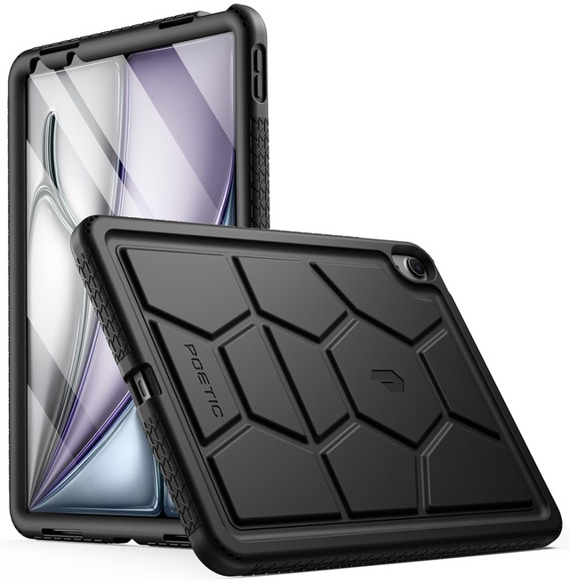 POETIC TurtleSkinケース iPad Air 11インチ M3 / M2 (2025/2024) 用 頑丈な耐衝撃性 丈夫な子供に優しい落下保護シリコンカバーケース ブラック