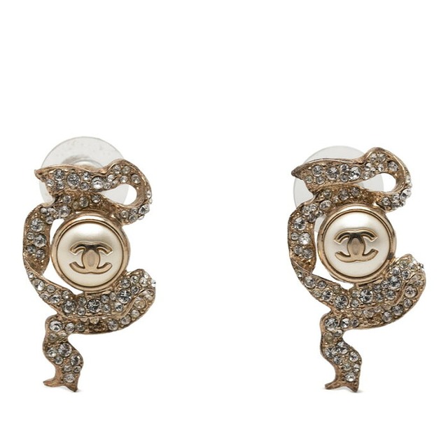 シャネル ココマーク パール リボン モチーフ ピアス 18C ゴールド メッキ ラインストーン レディース CHANEL 【中古】