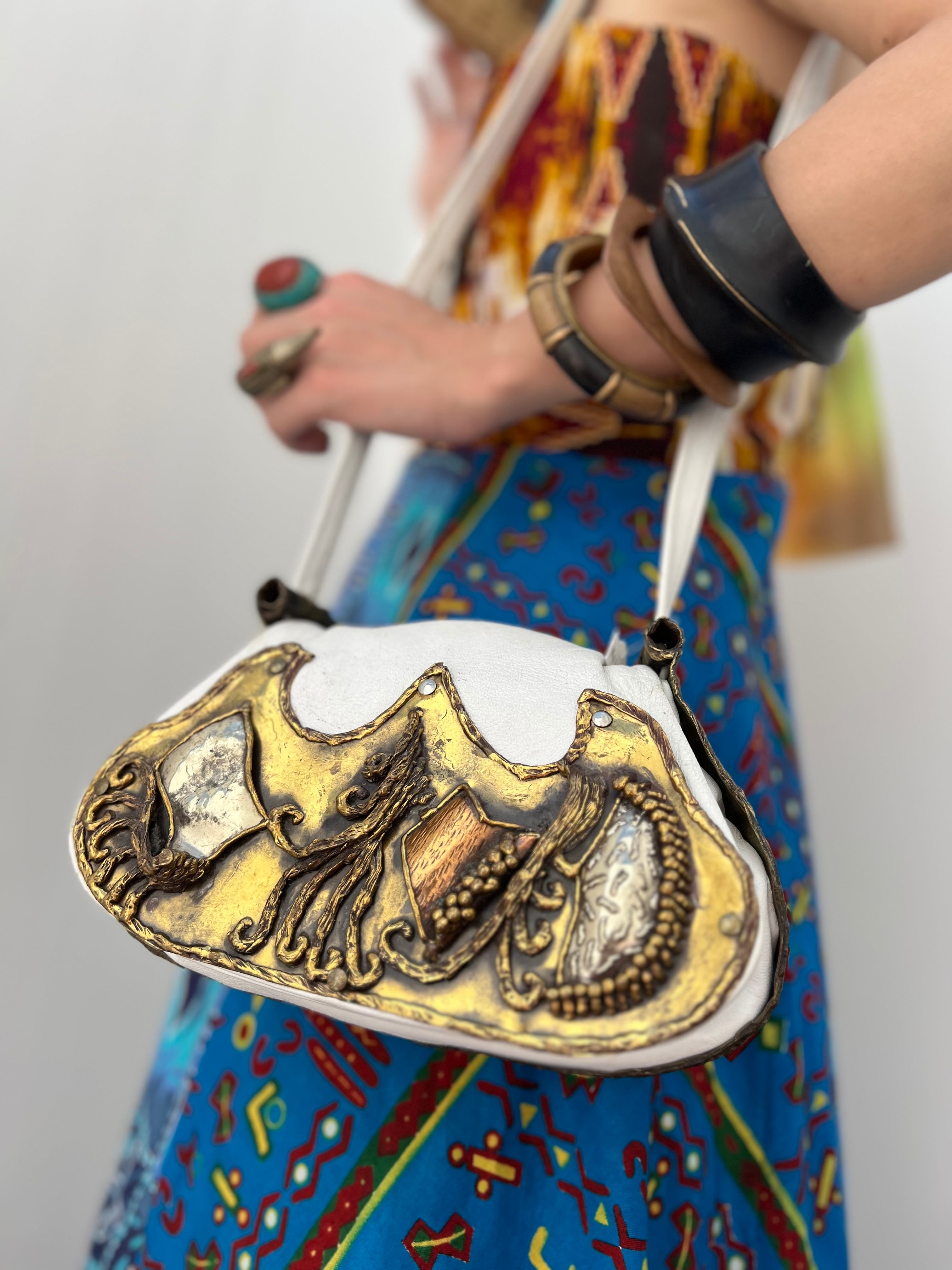 70s Mexican white leather × brass bag ( ヴィンテージ メキシカン