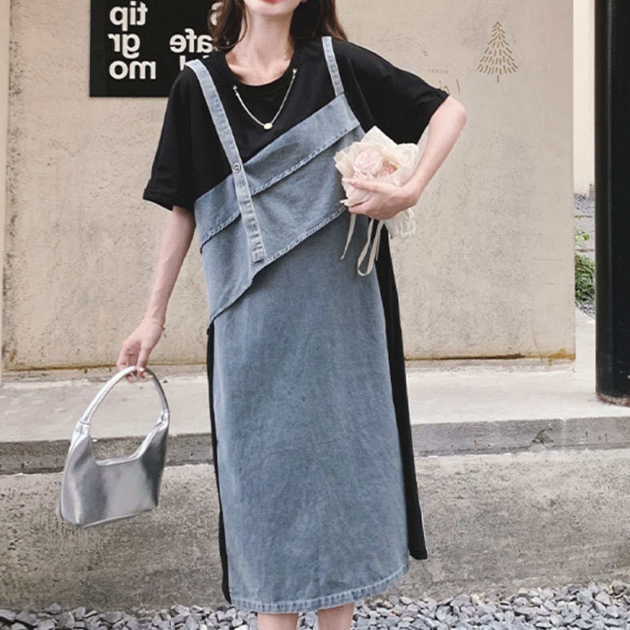 Denim patchwork design dress S1143