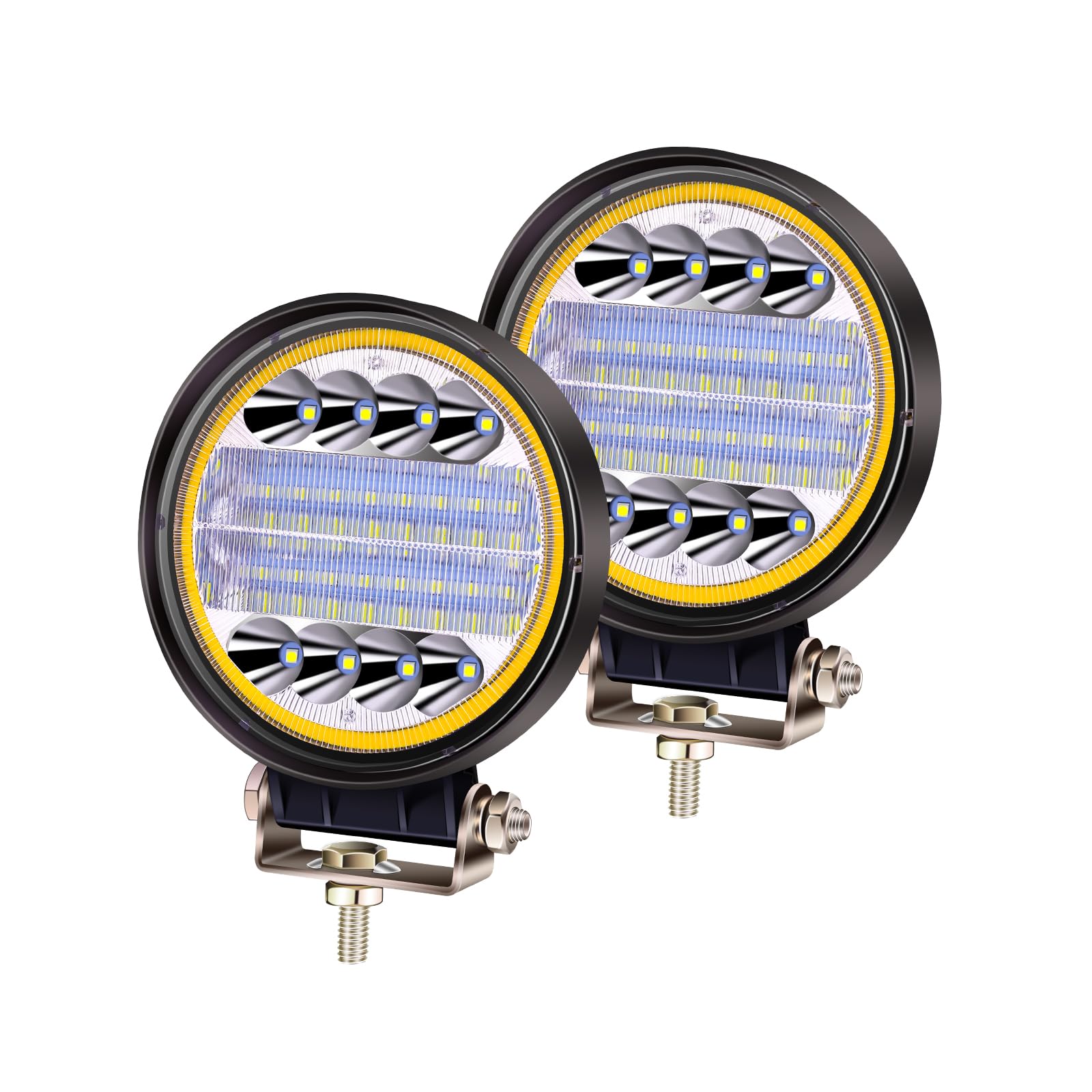 X-STYLE 72W LED作業灯 12V 24V 広角・狭角 混合光 led ワークライト 車外灯 建築農業機械 補助灯 丸型 4個入り (ホワイト+イエロー) (2, 黄)