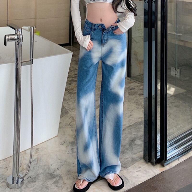 オータムハイウェストウェストルーズワイドレッグカジュアルジーンズ レディース 秋物 ワイドパンツ ハンチェンe78020163040