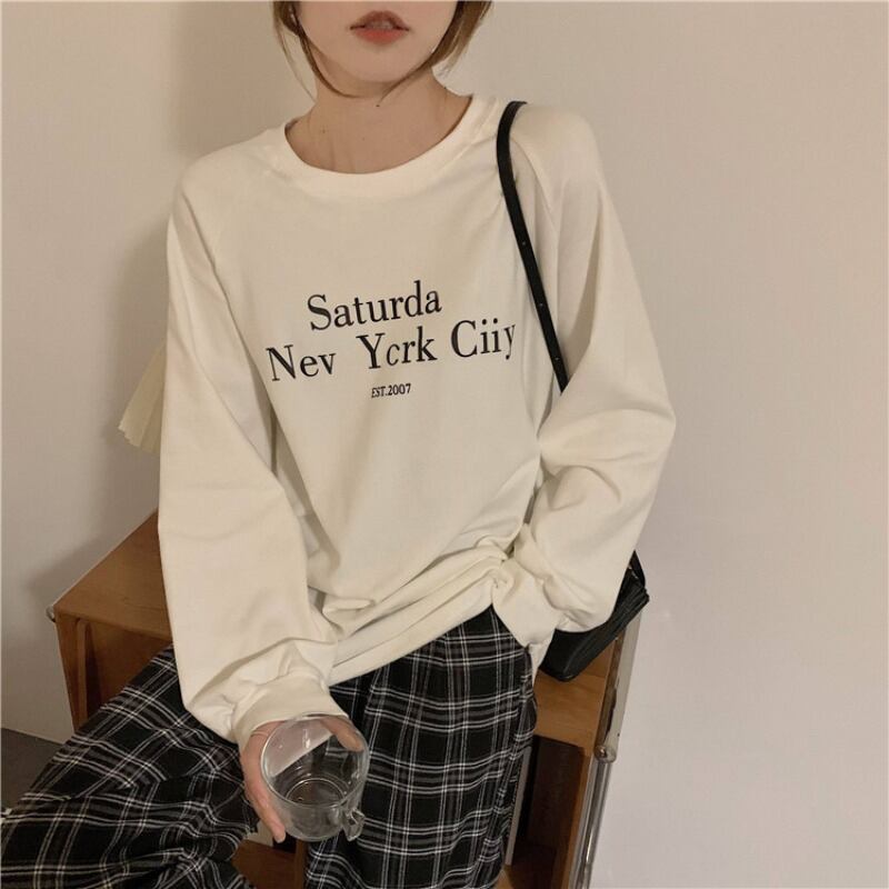 Tシャツ シャツ ルーズホワイトスプリングトップス ロング 春物 ブラックストロベリース43987602382