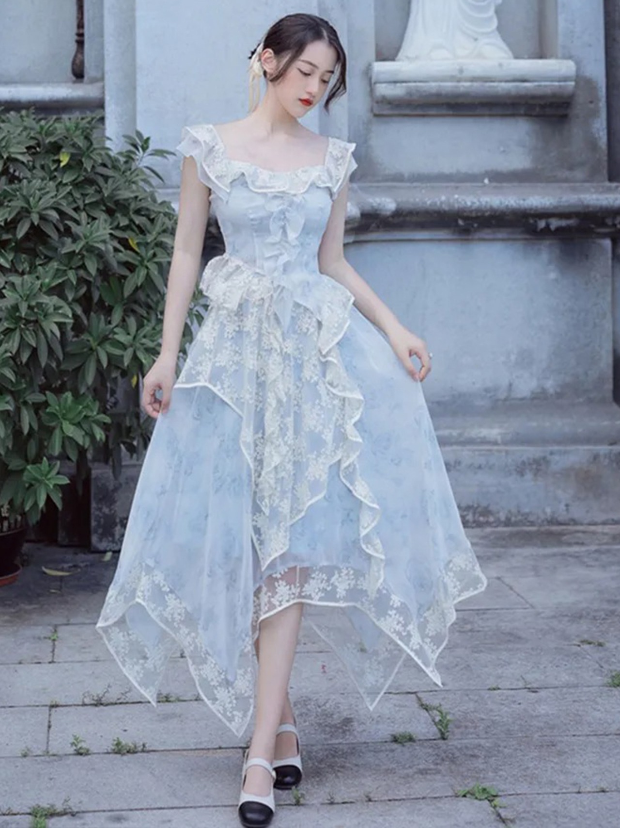 【0199】Flower Lace Frill Blue Short Sleeve 2 Piece Set