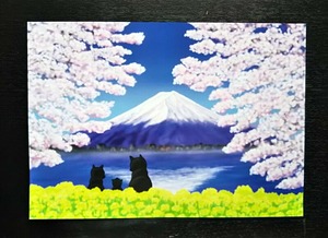 桜と菜の花と富士山と親子猫　Ａ４ポスター