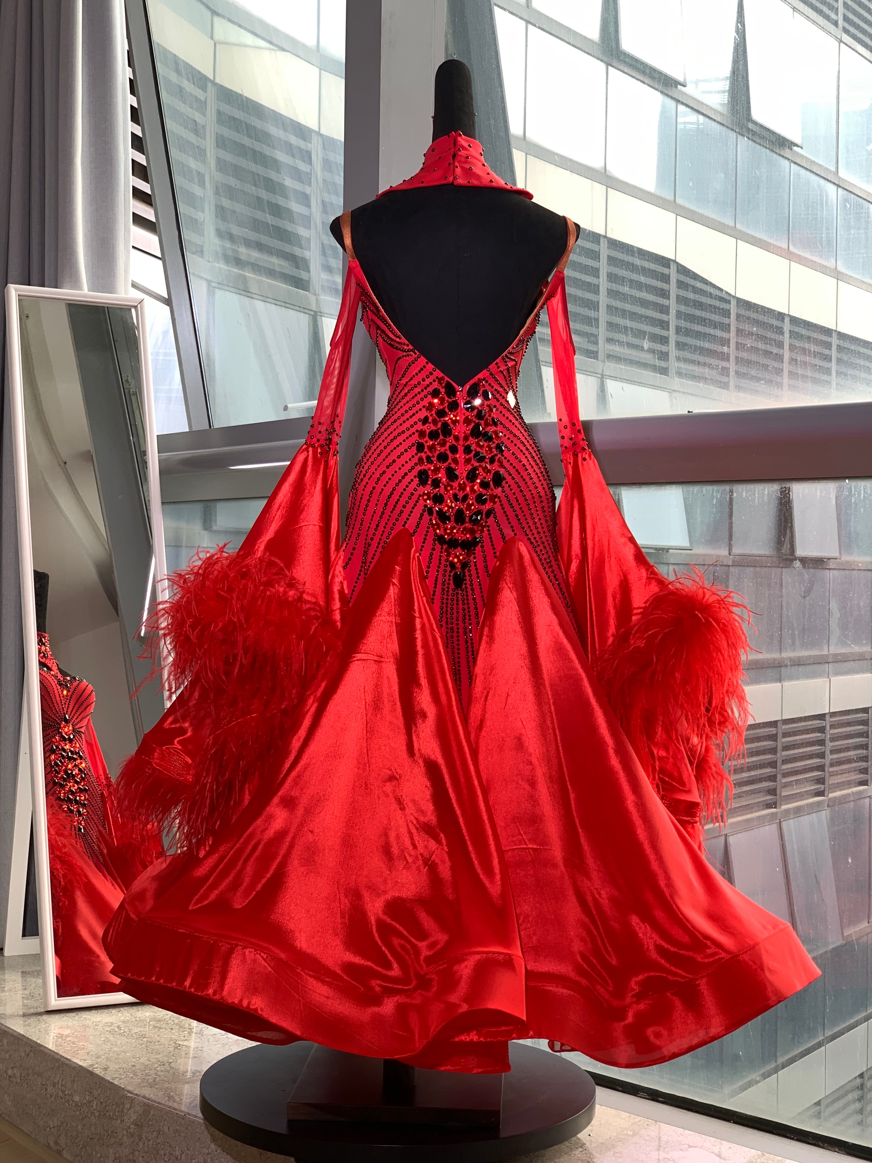 SS202レッドブラックストーンドレス | 社交ダンスウェアSTUNNINGDANCEWEAR