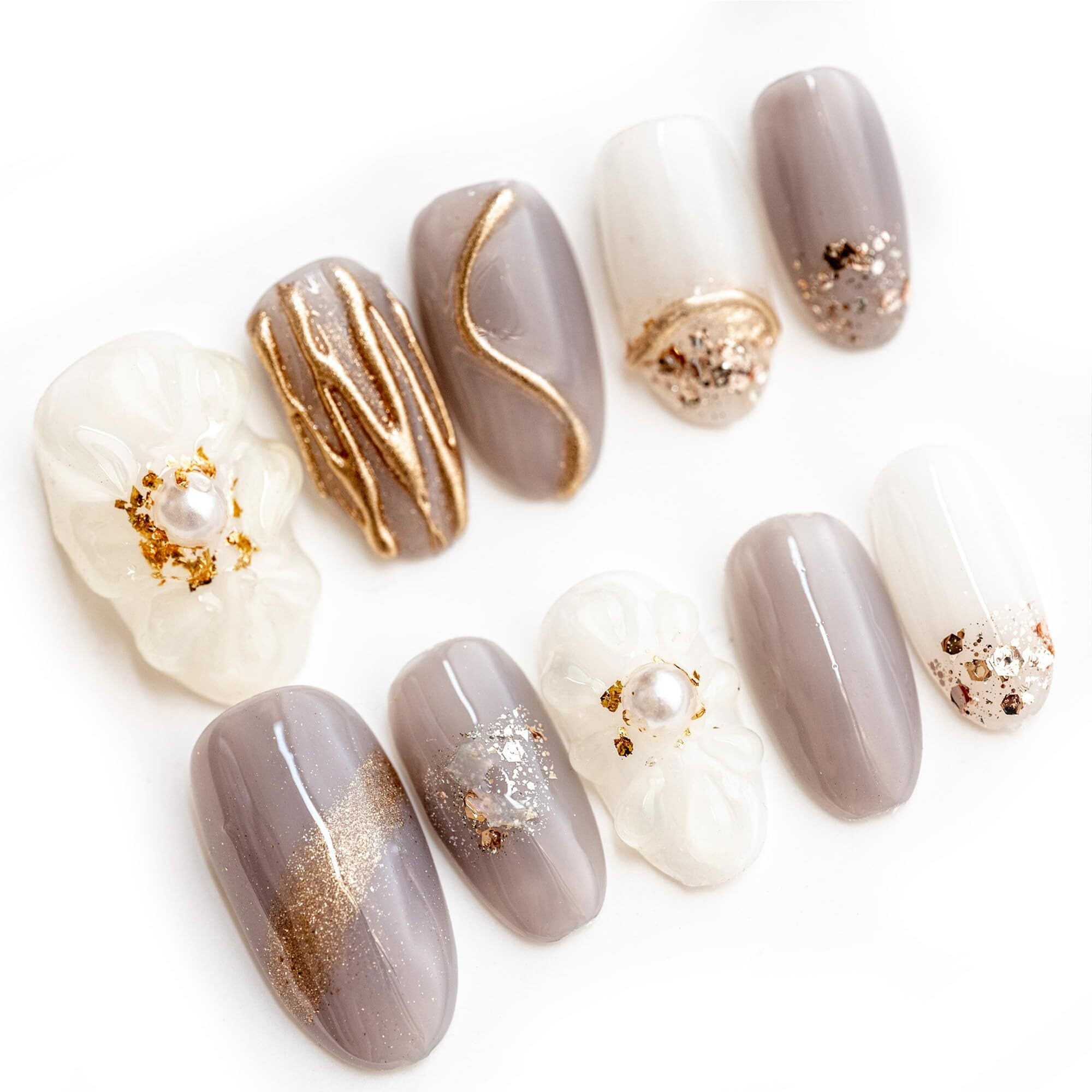 【努力特価】Sun&Beam Nails 手作り ネイルチップ ミディアム ショート オーバル ニュアンス 金 ブラウン 人気 3D おしゃれ 可愛い デザイン つけ爪 付け爪 収納ボックス付き 10枚入 (#14 真珠・ローズグレイ ・ M)