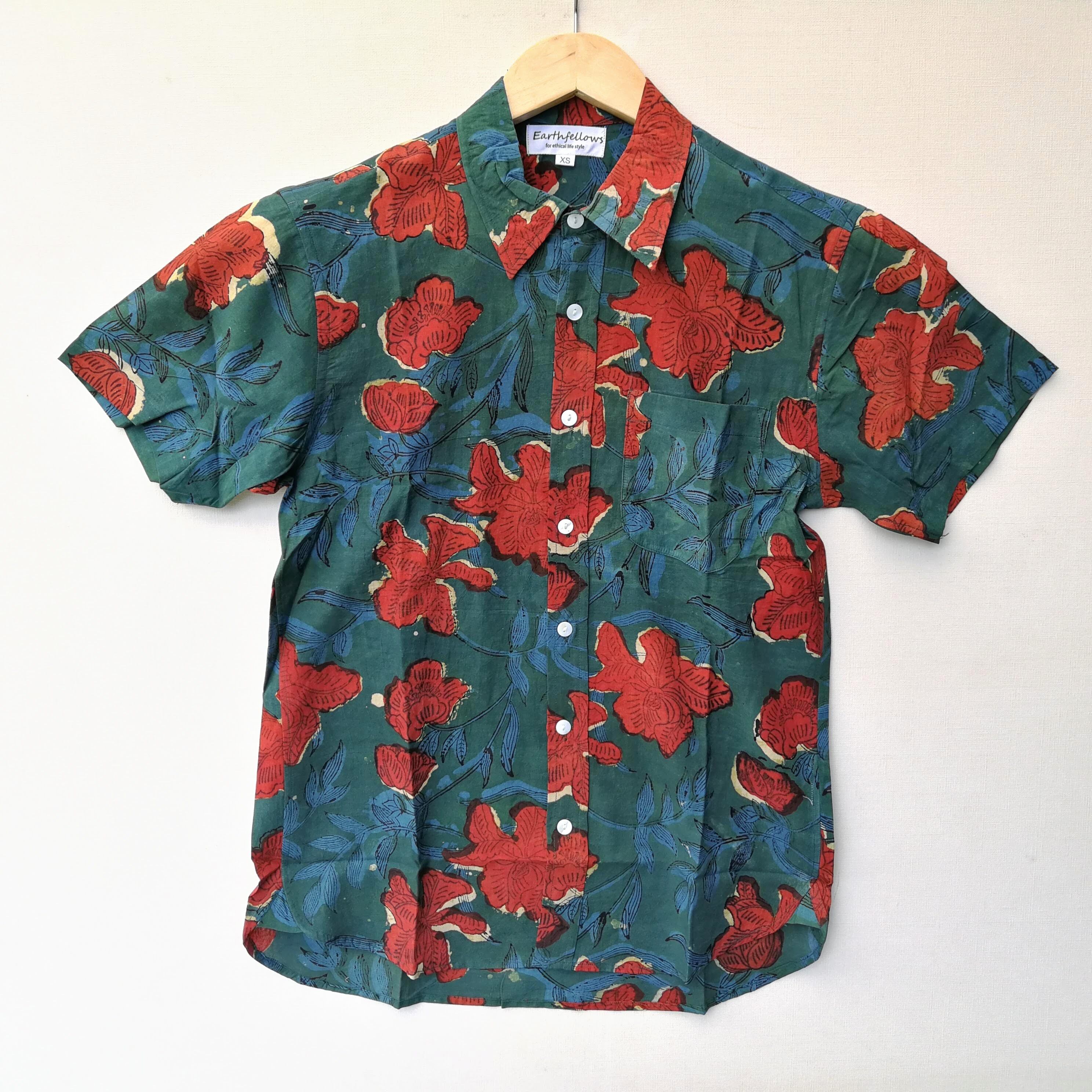 ★涼しさ抜群★オーガニックコットン草木染ブロックプリント半袖シャツ２（XS～XL）