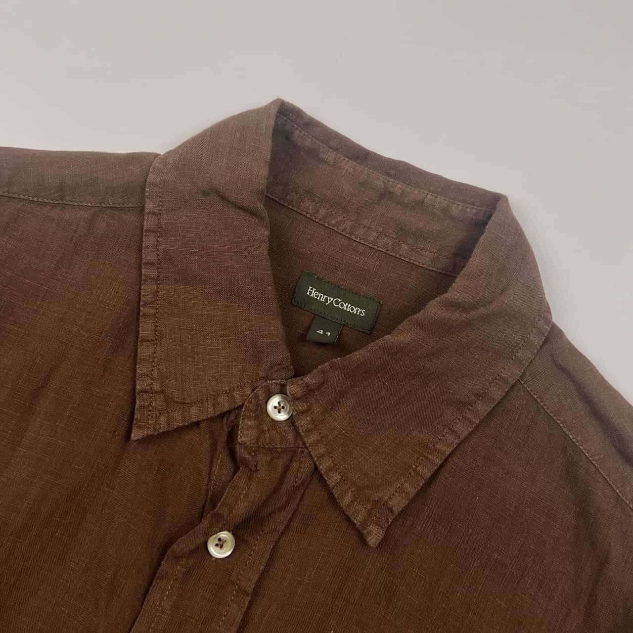 リネン100% Henry Cotton’s ヘンリーコットンズ ダブルポケット 長袖シャツ 41/ブラウン メンズ