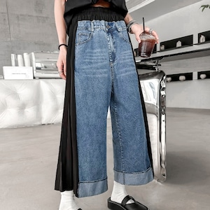 BLUE DENIM STITCH PLEATED SIDE WIDE LEG CROPPED PANTS 2colors M-6771