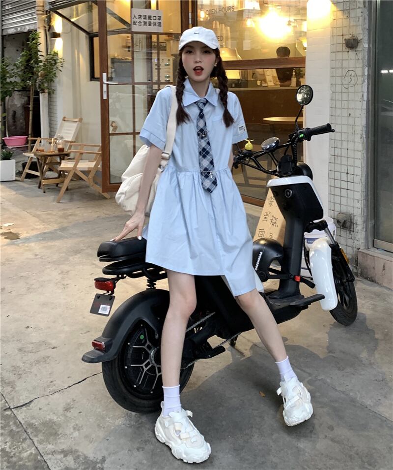 ブルーカラー薄手シャツ ドレス サマーウェストショートスカート 大人ガーリー スウィート キュート カジュアル 夏物 モンロー18433675059