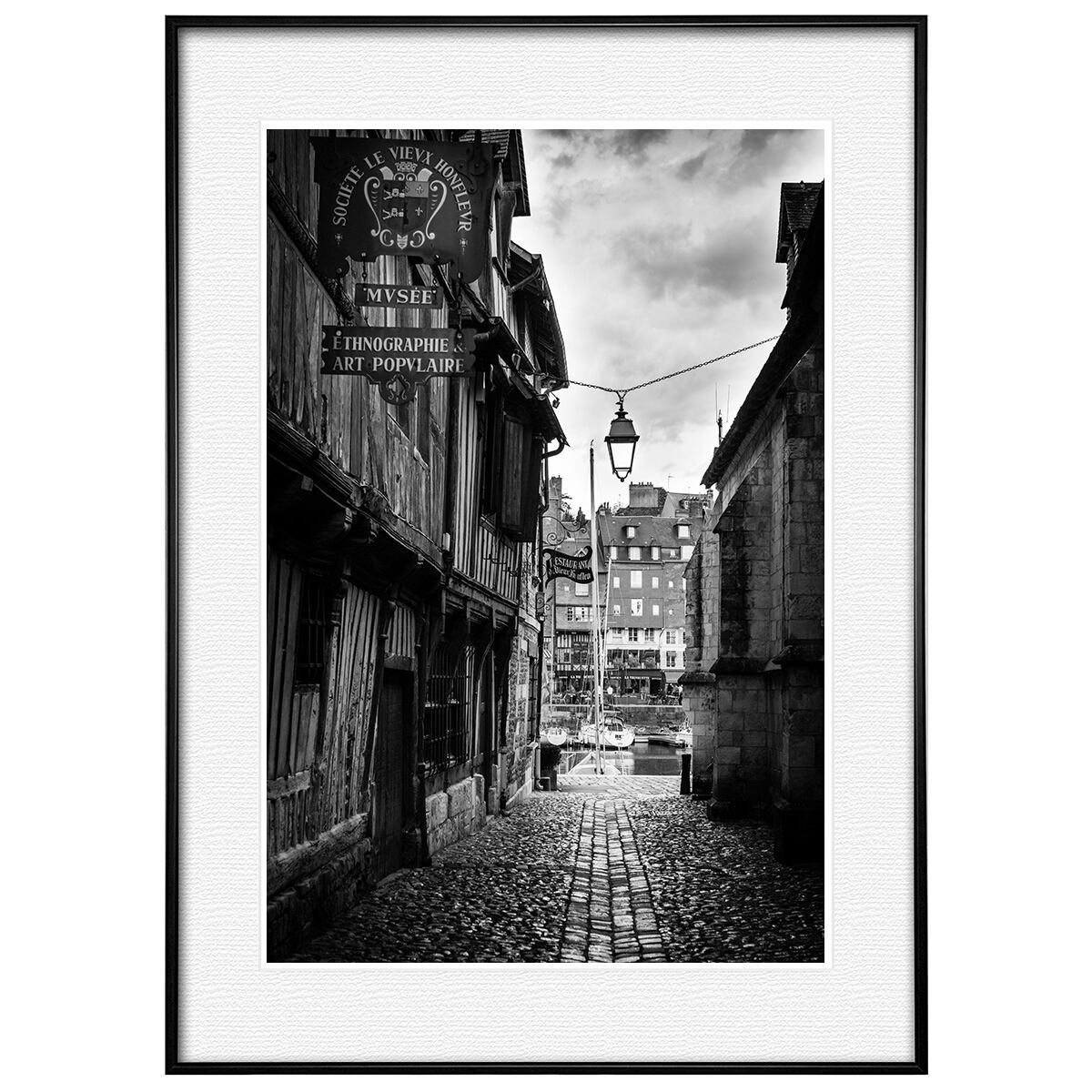ランベール「オンフルール港」リトグラフ 額装 フランス港町風景 版画 #218 フランス写真 オンフルールの港町 インテリア モノクロアートポスター