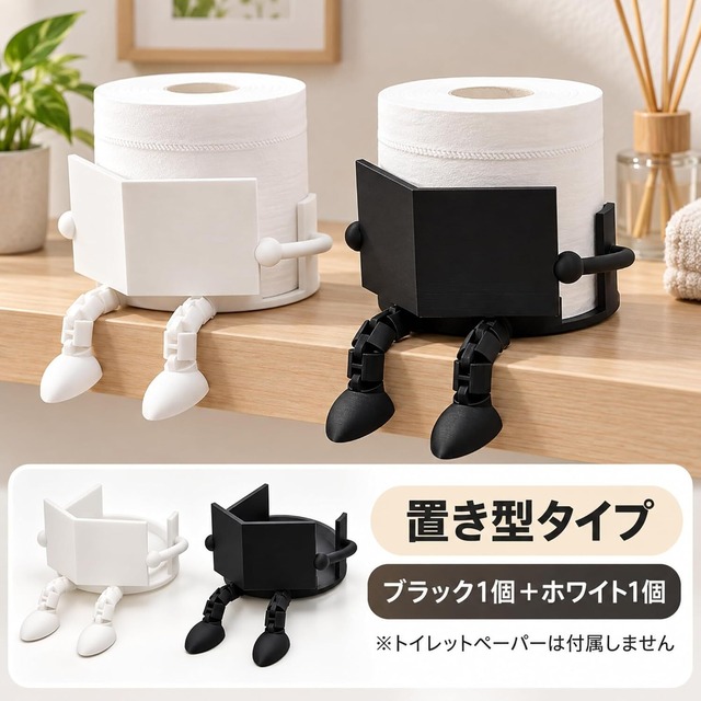 トイレットペーパーホルダー 置き型 2個セット ブラック ホワイト ペーパースタンド 卓上 ロール収納 本を読む人型 ユニーク デザイン インテリア トイレ 洗面所 リビング 飾り LB0HJ76DTMQ