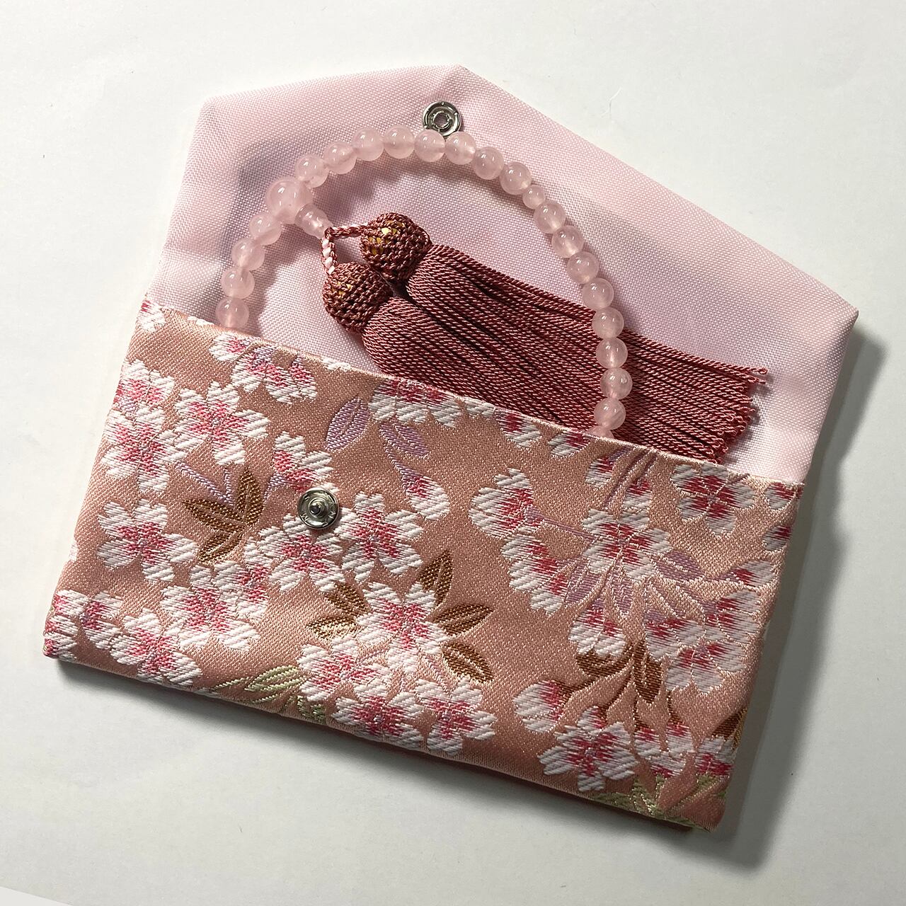 正绢房 念珠 略式念珠 ローズクオーツ共仕立 正絹房 念珠袋付 | sankodoshop