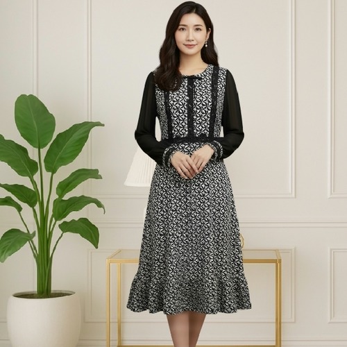 スーパービューティー ワンピース 袖パワーネット モノトーン 2526006 ブラック 2025年秋冬 オーラボー 大人かわいい服 大人スタイル キレイメ Super Beauty レディース アパレル 女性 M L LL 30代 40代 50代 60代