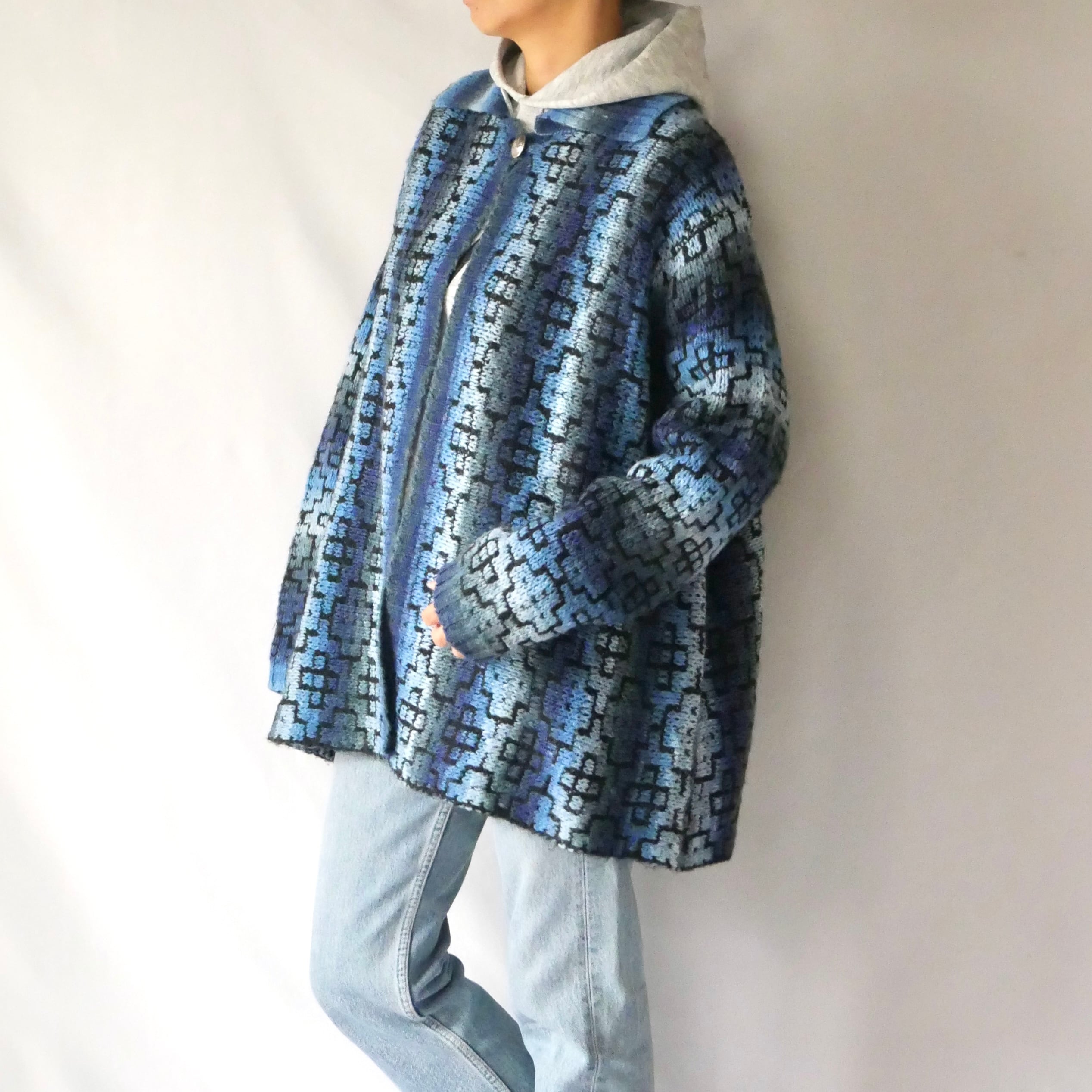Denim&Co.blue native knit gown cardigan ブルー ネイティブ柄