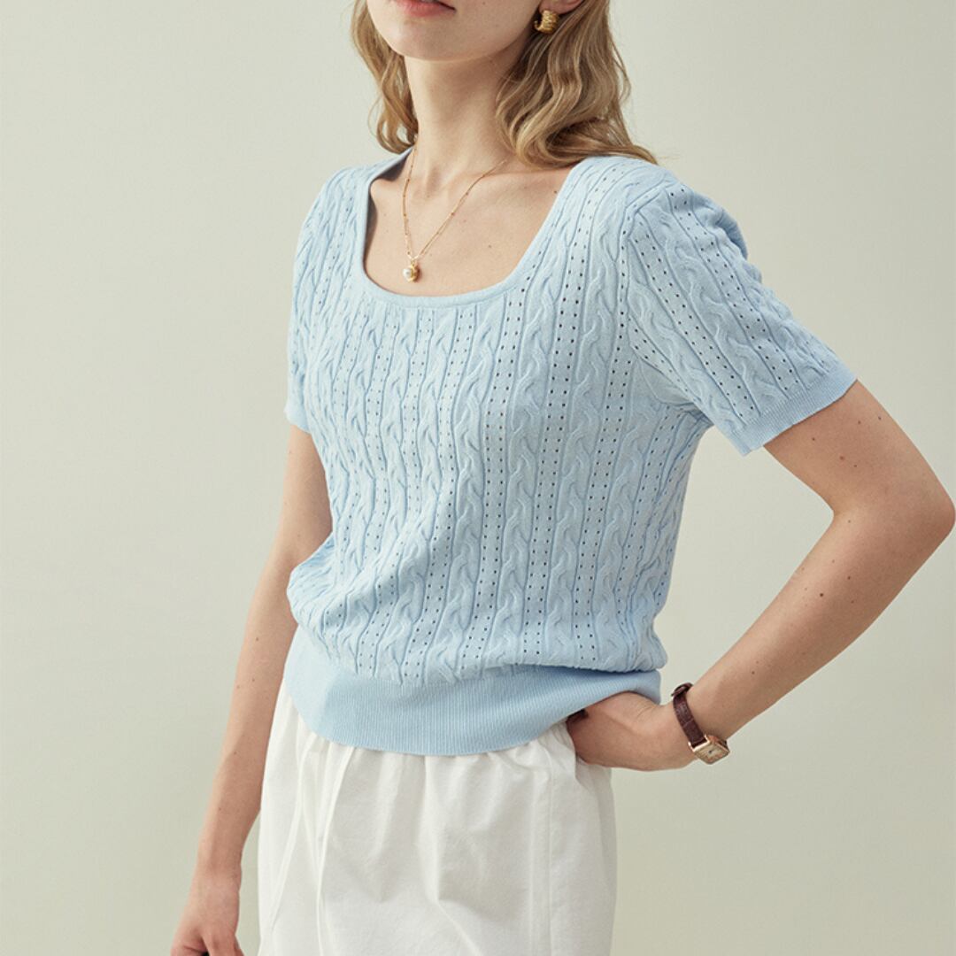 openwork square neck knit top
