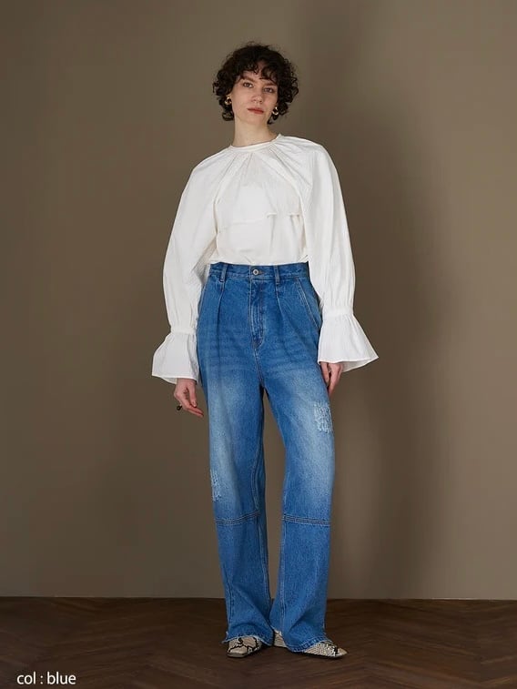 YENN ハイライズタックワイドデニムパンツ ライトブルー 40 YENN ハイライズタックワイドデニムパンツ ライトブルー 40 - メルカリ