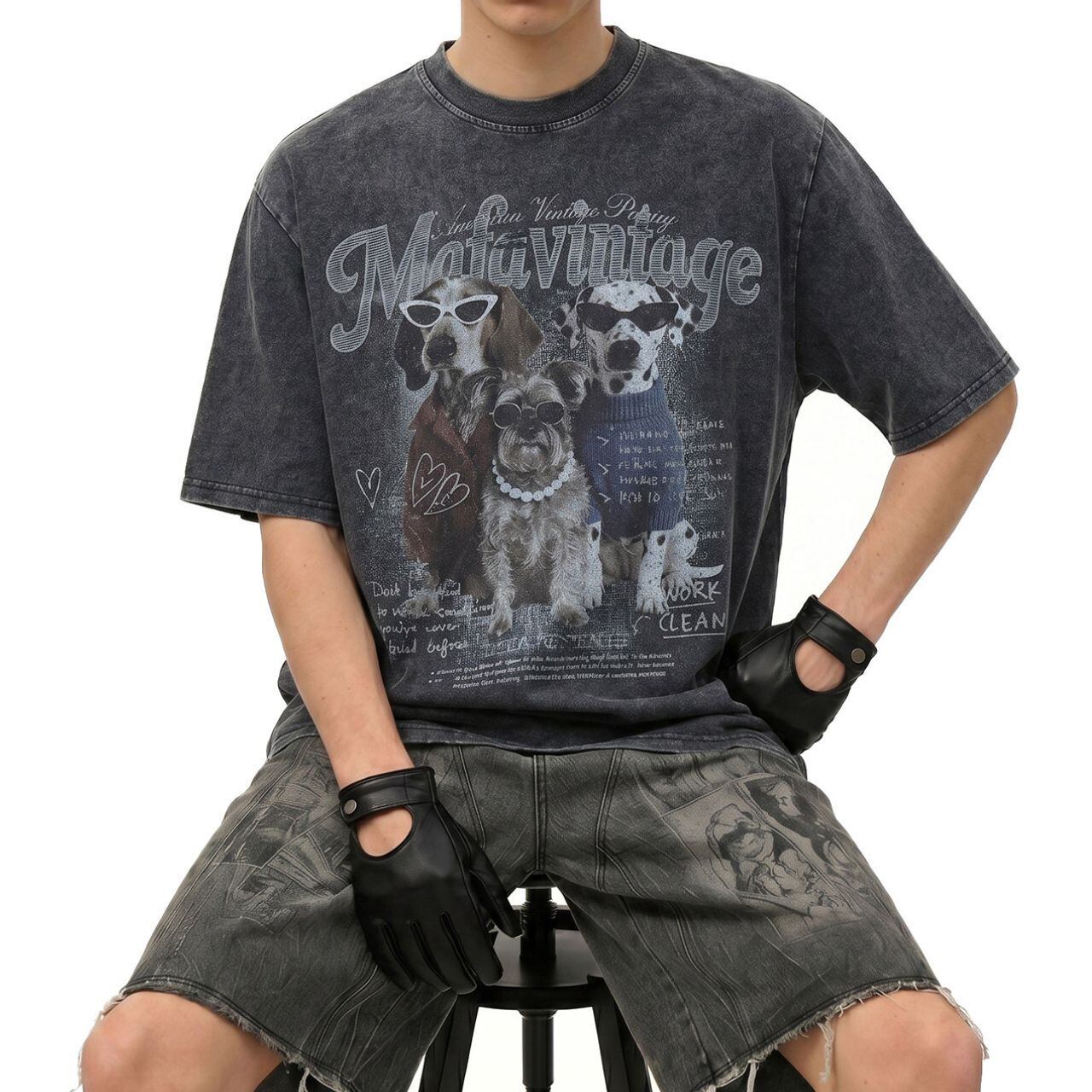 ドッググラフィックレトロTシャツ 2col   A00350