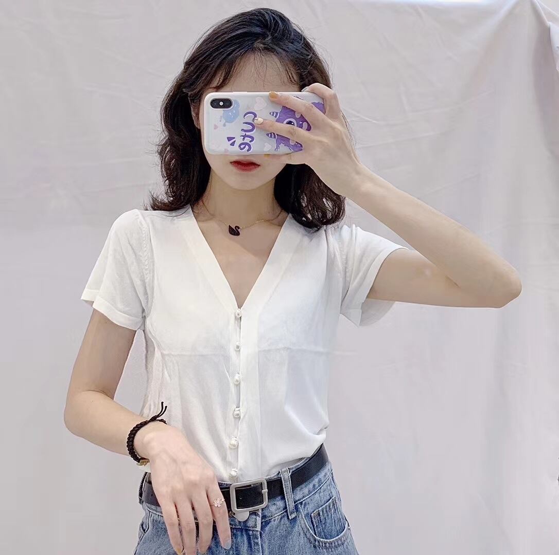 パールボタン Vネック5部袖カーディガン AJ111-211