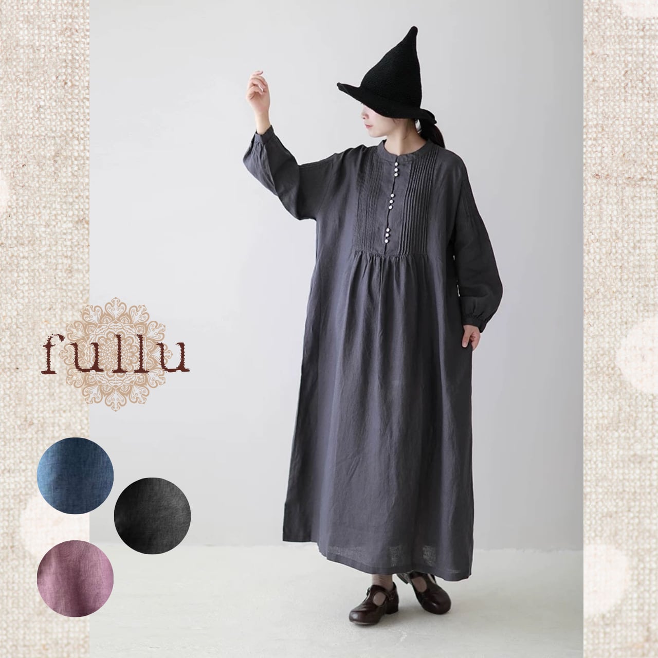 リネン ピンタック切替ロングワンピース 3color fu0950