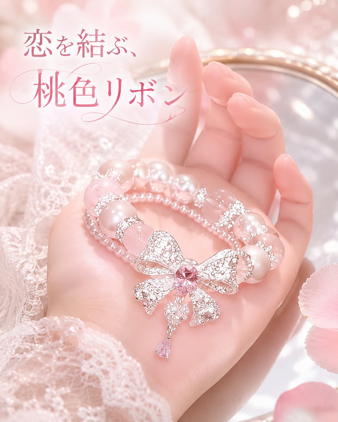 Moon Ribbon Love|恋を結ぶ桃色リボン二連風ブレスレット♥A19
