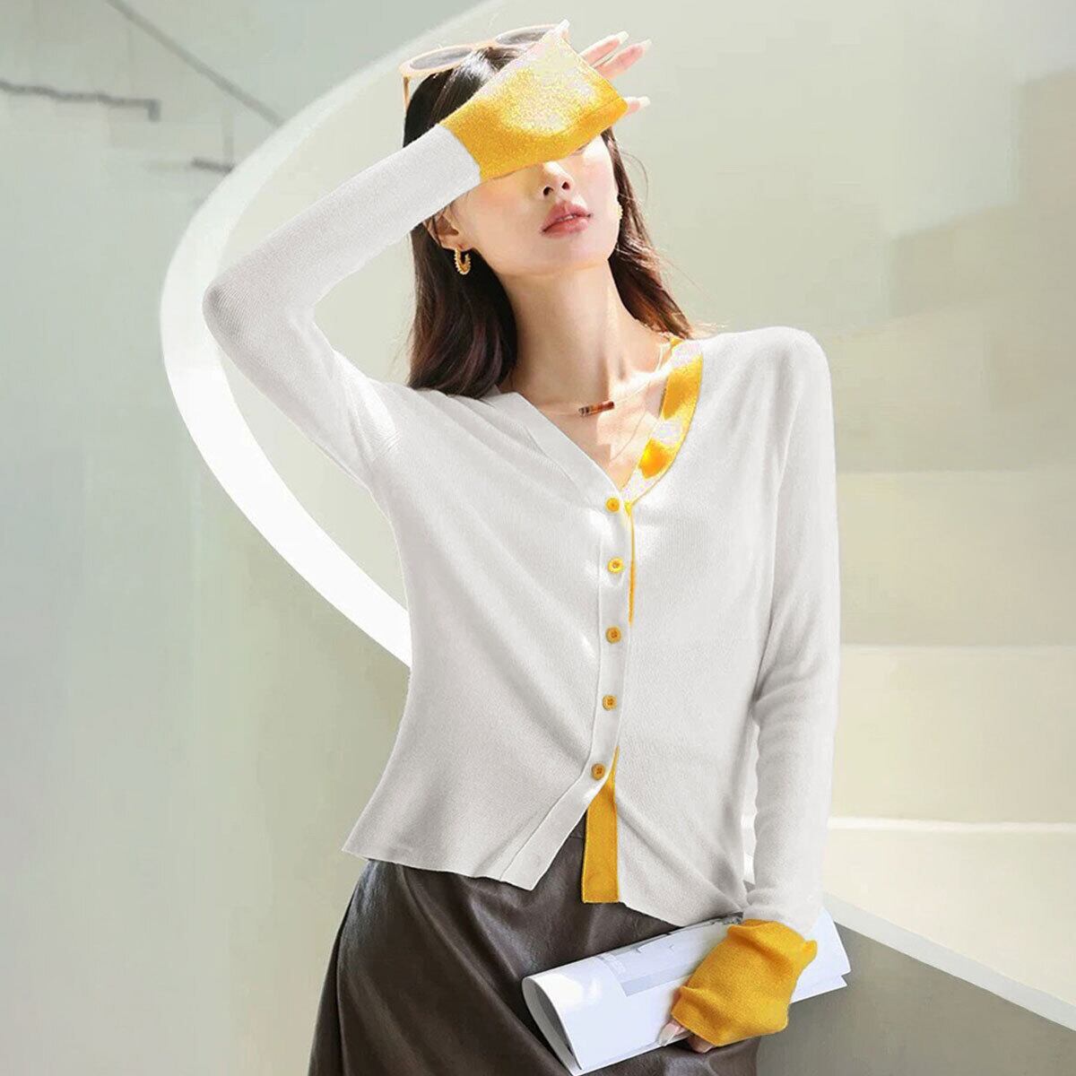 ニットカーディガン バイカラー 長袖 レディース 秋冬 韓国 レイヤード おしゃれ 大人 かわいい きれいめ 羽織り 重ね着 リブニット カジュアル 大人可愛い 大人女子