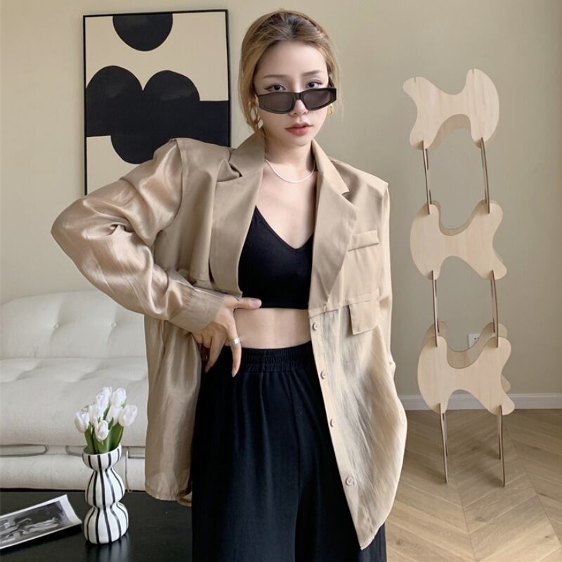 スタイルスタンダードルーズジャケット 薄手カジュアルトップス レディース ロング レトロ ハンチェンe32128489202