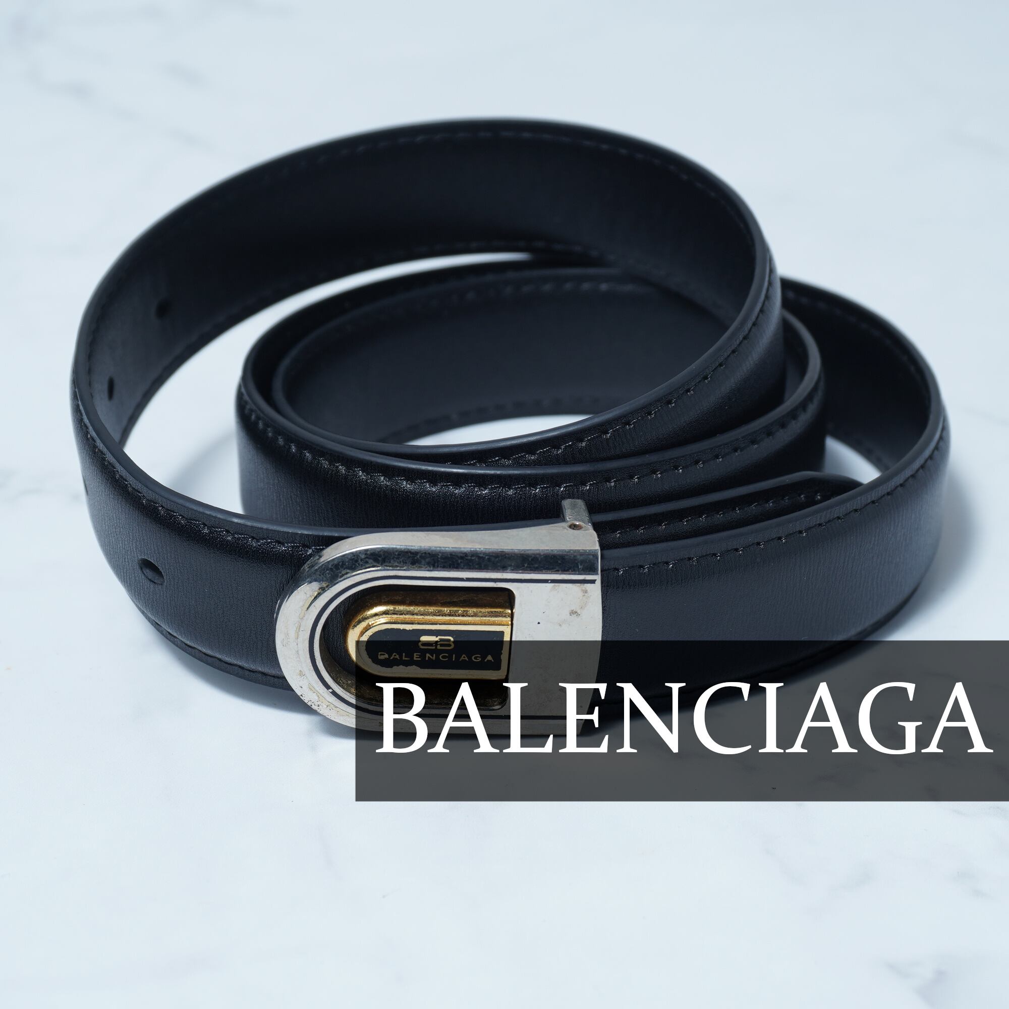 BALENCIAGA ブラックレザー ベルト ゴールドバックル