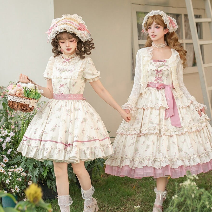 ロリータファッション 甘ロリ生成り小花柄ロングジャンパースカート